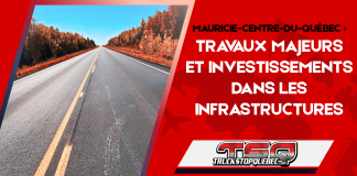 Mauricie-Centre-du-Québec : Travaux majeurs et investissements dans les infrastructures Route asphaltée bordée d’arbres, avec le titre annonçant des travaux majeurs et des investissements dans les infrastructures en Mauricie-Centre-du-Québec.