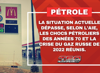 Le marché du pétrole recule, mais la crise se poursuit toujours Graphique affichant le prix de l'essence et du diesel, avec pour texte : PÉTROLE : La situation actuelle dépasse, selon l’AIE, les chocs pétroliers des années 1970 et la crise du gaz russe de 2022 réunis.