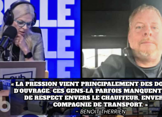 Benoit Therrien, président de Truck Stop Québec, au micro d’Isabelle Maréchal sur Qub Benoit Therrien sur Qub au micro d'Isabelle Maréchal - capture d'écran et ajout d'une citation.
