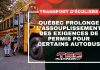 Transport d’écoliers : Québec prolonge l’assouplissement des exigences de permis pour certains autobus Graphique de Truck Stop Québec montrant un autobus scolaire avec des enfants qui montent à bord. Le texte indique : « Transport d’écoliers : Québec prolonge l’assouplissement des exigences de permis pour certains autobus ».