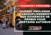 Transport d’écoliers : Québec prolonge l’assouplissement des exigences de permis pour certains autobus Graphique de Truck Stop Québec montrant un autobus scolaire avec des enfants qui montent à bord. Le texte indique : « Transport d’écoliers : Québec prolonge l’assouplissement des exigences de permis pour certains autobus ».