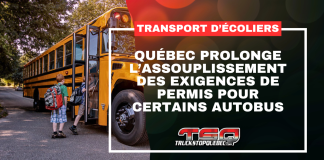 Transport d’écoliers : Québec prolonge l’assouplissement des exigences de permis pour certains autobus Graphique de Truck Stop Québec montrant un autobus scolaire avec des enfants qui montent à bord. Le texte indique : « Transport d’écoliers : Québec prolonge l’assouplissement des exigences de permis pour certains autobus ».