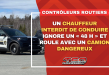 Un chauffeur interdit de conduire ignore un « 48h » et roule avec un camion dangereux Un chauffeur interdit de conduire ignore un « 48 h » et roule avec un camion dangereux. Image : Véhicule de Contrôle Routier Québec.