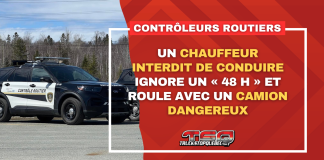 Un chauffeur interdit de conduire ignore un « 48h » et roule avec un camion dangereux Un chauffeur interdit de conduire ignore un « 48 h » et roule avec un camion dangereux. Image : Véhicule de Contrôle Routier Québec.