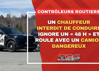 Un chauffeur interdit de conduire ignore un « 48h » et roule avec un camion dangereux Un chauffeur interdit de conduire ignore un « 48 h » et roule avec un camion dangereux. Image : Véhicule de Contrôle Routier Québec.