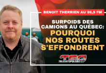 Surcharge, dégel et manque de surveillance : Benoit Therrien au 98,5 fm Benoit Therrien de Truck Stop Québec en entrevue au 98,5 FM avec Luc Ferrandez, Nathalie Normandeau et Jean-Claude Daignault au sujet des camions en surcharge et de l’état du réseau routier québécois. Image : Benoit Therrien devant un camion.