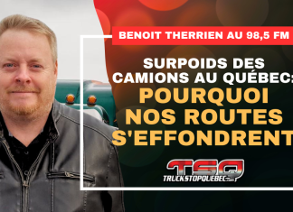 Surcharge, dégel et manque de surveillance : Benoit Therrien au 98,5 fm Benoit Therrien de Truck Stop Québec en entrevue au 98,5 FM avec Luc Ferrandez, Nathalie Normandeau et Jean-Claude Daignault au sujet des camions en surcharge et de l’état du réseau routier québécois. Image : Benoit Therrien devant un camion.