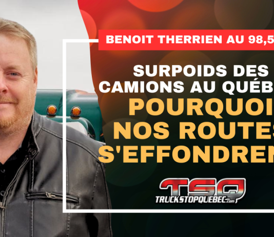 Surcharge, dégel et manque de surveillance : Benoit Therrien au 98,5 fm Benoit Therrien de Truck Stop Québec en entrevue au 98,5 FM avec Luc Ferrandez, Nathalie Normandeau et Jean-Claude Daignault au sujet des camions en surcharge et de l’état du réseau routier québécois. Image : Benoit Therrien devant un camion.