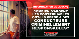 La SAAQ et les criminels : Notre système indemnise-t-il l’inacceptable? Un homme en prison de dos devant une fenêtre à barreaux, avec le texte : Indemnisation de la SAAQ : Combien d'argent les contribuables ont-ils versés à des conducteurs criminellement responsables?