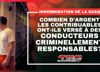 La SAAQ et les criminels : Notre système indemnise-t-il l’inacceptable? Un homme en prison de dos devant une fenêtre à barreaux, avec le texte : Indemnisation de la SAAQ : Combien d'argent les contribuables ont-ils versés à des conducteurs criminellement responsables?
