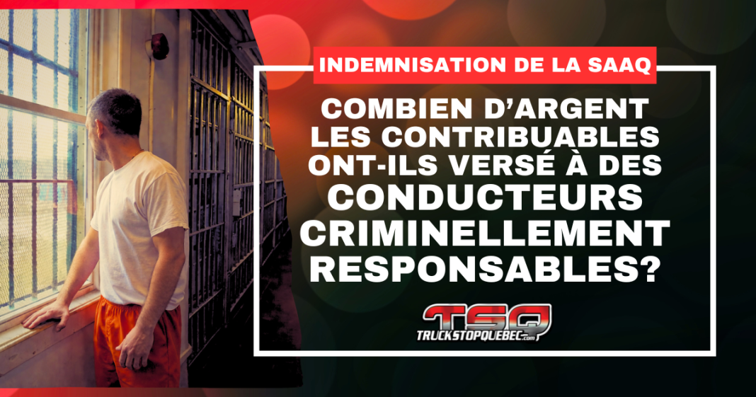 Un homme en prison de dos devant une fenêtre à barreaux, avec le texte : Indemnisation de la SAAQ : Combien d'argent les contribuables ont-ils versés à des conducteurs criminellement responsables?