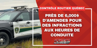 Contrôleurs routiers : près de 6,000$ d’amendes pour des infractions aux heures de conduite Véhicule des contrôleurs routiers CRQ et texte : Près de 6,000$ d'amendes pour des infractions aux heures de conduite et de repos.