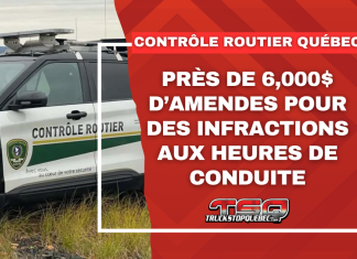 Contrôleurs routiers : près de 6,000$ d’amendes pour des infractions aux heures de conduite Véhicule des contrôleurs routiers CRQ et texte : Près de 6,000$ d'amendes pour des infractions aux heures de conduite et de repos.