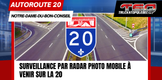 Radar photo mobile à venir sur l’autoroute 20 à Notre-Dame-du-Bon-Conseil Le ministère des Transports et de la Mobilité durable avise les usagers de la route qu'un radar photo mobile est à venir sur l’autoroute 20. (Image : autoroute 20).
