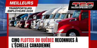 Meilleurs transporteurs employeurs 2026 : 5 flottes québécoises se démarquent! Cinq flottes du Québec figurent cette année parmi les Meilleurs transporteurs employeurs 2026 de RH Camionnage Canada. Sur l'image, des camions stationnés.