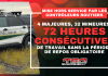 Contrôleurs Routiers : un chauffeur et son camion dangereux mis hors service Graphique de Truck Stop Québec montrant un véhicule de Contrôle routier stationné sur le bord d’une route. Le texte sur l’image indique « Mise hors service par les contrôleurs routiers », « 4 majeures, 32 mineures » et « 72 heures consécutives de travail sans la période de repos obligatoire ».