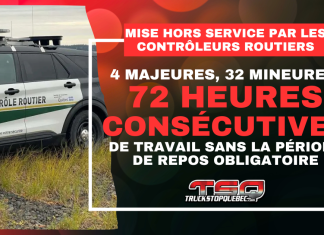 Contrôleurs Routiers : un chauffeur et son camion dangereux mis hors service Graphique de Truck Stop Québec montrant un véhicule de Contrôle routier stationné sur le bord d’une route. Le texte sur l’image indique « Mise hors service par les contrôleurs routiers », « 4 majeures, 32 mineures » et « 72 heures consécutives de travail sans la période de repos obligatoire ».