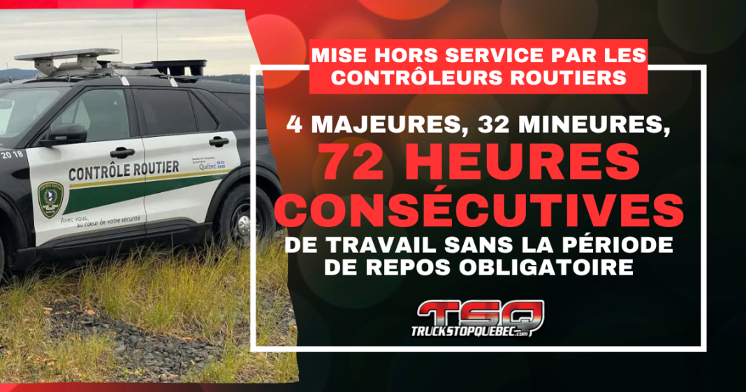 Graphique de Truck Stop Québec montrant un véhicule de Contrôle routier stationné sur le bord d’une route. Le texte sur l’image indique « Mise hors service par les contrôleurs routiers », « 4 majeures, 32 mineures » et « 72 heures consécutives de travail sans la période de repos obligatoire ». 