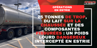 25 tonnes de trop, du lait sur la chaussée et des composantes fissurées : un poids lourd dangereux intercepté en Estrie OPÉRATIONS CAMIONS EN ESTRIE
