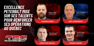 Excellence Peterbilt mise sur ses talents pour renforcer ses opérations au Québec Graphique avec le texte « EXCELLENCE PETERBILT MISE SUR SES TALENTS POUR RENFORCER SES OPÉRATIONS AU QUÉBEC » et les portraits de Maxime Jacob (directeur de succursale Saint-Jacques-Le-Mineur), Joël Le Brasseur (directeur des pièces TRP Excellence Sherbrooke), Christian Legault (directeur des achats Laval) et Yannick Houde (directeur des ventes pièces et service région de la Rive-Sud), avec le logo TSQ Truck Stop Québec