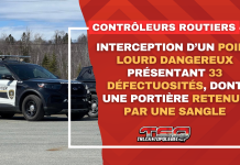 Interception d’un poids lourd présentant 33 défectuosités, dont une portière retenue par une sangle Interception d’un poids lourd dangereux présentant 33 défectuosités, dont une portière retenue par une sangle