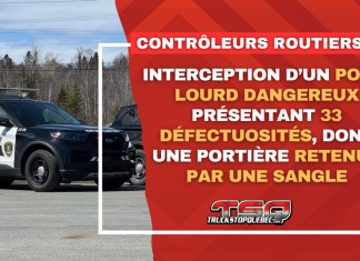 Interception d’un poids lourd présentant 33 défectuosités, dont une portière retenue par une sangle Interception d’un poids lourd dangereux présentant 33 défectuosités, dont une portière retenue par une sangle