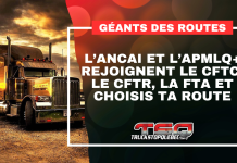 Géants des Routes met le cap sur la valorisation des formations du transport Graphique de Truck Stop Québec montrant un camion lourd sous un ciel orangé au coucher du soleil. Le texte affiché sur l’image dit : « GÉANTS DES ROUTES – L’ANCAI et l’APMLQ+ rejoignent le CFTC, le CFTR, la FTA et Choisis ta route ».