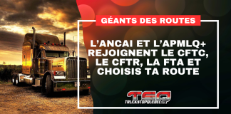 Géants des Routes met le cap sur la valorisation des formations du transport Graphique de Truck Stop Québec montrant un camion lourd sous un ciel orangé au coucher du soleil. Le texte affiché sur l’image dit : « GÉANTS DES ROUTES – L’ANCAI et l’APMLQ+ rejoignent le CFTC, le CFTR, la FTA et Choisis ta route ».