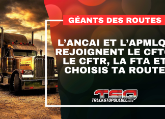Géants des Routes met le cap sur la valorisation des formations du transport Graphique de Truck Stop Québec montrant un camion lourd sous un ciel orangé au coucher du soleil. Le texte affiché sur l’image dit : « GÉANTS DES ROUTES – L’ANCAI et l’APMLQ+ rejoignent le CFTC, le CFTR, la FTA et Choisis ta route ».