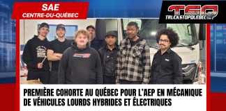 Première cohorte au Québec pour l’AEP en mécanique de véhicules lourds hybrides et électriques Première cohorte au Québec de l’AEP en mécanique de véhicules lourds hybrides et électriques du SAE Centre-du-Québec, avec les élèves.