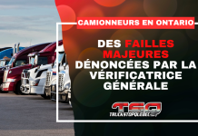 Formation des camionneurs en Ontario : la vérificatrice générale sonne l’alarme Graphique de Truck Stop Québec montrant une rangée de camions lourds avec le logo TSQ et le texte « Formation des Camionneurs en Ontario : Des failles majeures dénoncées par la vérificatrice générale ».