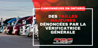 Formation des camionneurs en Ontario : la vérificatrice générale sonne l’alarme Graphique de Truck Stop Québec montrant une rangée de camions lourds avec le logo TSQ et le texte « Formation des Camionneurs en Ontario : Des failles majeures dénoncées par la vérificatrice générale ».