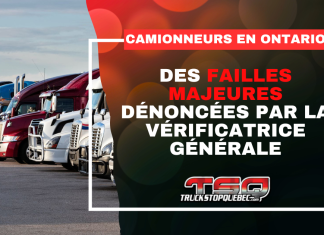 Formation des camionneurs en Ontario : la vérificatrice générale sonne l’alarme Graphique de Truck Stop Québec montrant une rangée de camions lourds avec le logo TSQ et le texte « Formation des Camionneurs en Ontario : Des failles majeures dénoncées par la vérificatrice générale ».