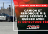 Contrôleurs routiers : Camion et remorque mis hors service à Québec avec 50 défectuosités Véhicule de Contrôle routier Québec avec le texte « Contrôleurs routiers : Camion et remorque mis hors service à Québec avec 50 défectuosités » et le logo de Truck Stop Québec.
