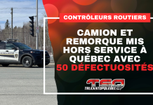 Contrôleurs routiers : Camion et remorque mis hors service à Québec avec 50 défectuosités Véhicule de Contrôle routier Québec avec le texte « Contrôleurs routiers : Camion et remorque mis hors service à Québec avec 50 défectuosités » et le logo de Truck Stop Québec.