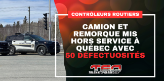 Contrôleurs routiers : Camion et remorque mis hors service à Québec avec 50 défectuosités Véhicule de Contrôle routier Québec avec le texte « Contrôleurs routiers : Camion et remorque mis hors service à Québec avec 50 défectuosités » et le logo de Truck Stop Québec.