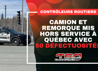 Contrôleurs routiers : Camion et remorque mis hors service à Québec avec 50 défectuosités Véhicule de Contrôle routier Québec avec le texte « Contrôleurs routiers : Camion et remorque mis hors service à Québec avec 50 défectuosités » et le logo de Truck Stop Québec.