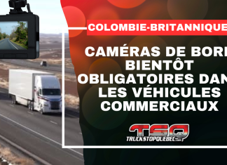 Caméras de bord bientôt obligatoires dans les véhicules commerciaux en Colombie-Britannique Visuel de Truck Stop Québec montrant des camions commerciaux sur une route et une caméra de bord. Texte sur l’image : « Colombie-Britannique – Caméras de bord bientôt obligatoires dans les véhicules commerciaux ».