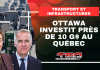 Transport et infrastructures : Ottawa versera près de 10 G$ de dollars au Québec Image d'une autoroute avec de la circulation, Mark Carney et Christine Fréchette, ainsi que le texte : Ottawa investit près de 10 G$ au Québec dans le transport et les infrastructures.