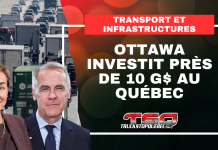 Transport et infrastructures : Ottawa versera près de 10 G$ de dollars au Québec Image d'une autoroute avec de la circulation, Mark Carney et Christine Fréchette, ainsi que le texte : Ottawa investit près de 10 G$ au Québec dans le transport et les infrastructures.