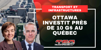 Transport et infrastructures : Ottawa versera près de 10 G$ de dollars au Québec Image d'une autoroute avec de la circulation, Mark Carney et Christine Fréchette, ainsi que le texte : Ottawa investit près de 10 G$ au Québec dans le transport et les infrastructures.