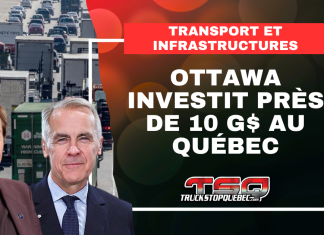 Transport et infrastructures : Ottawa versera près de 10 G$ de dollars au Québec Image d'une autoroute avec de la circulation, Mark Carney et Christine Fréchette, ainsi que le texte : Ottawa investit près de 10 G$ au Québec dans le transport et les infrastructures.