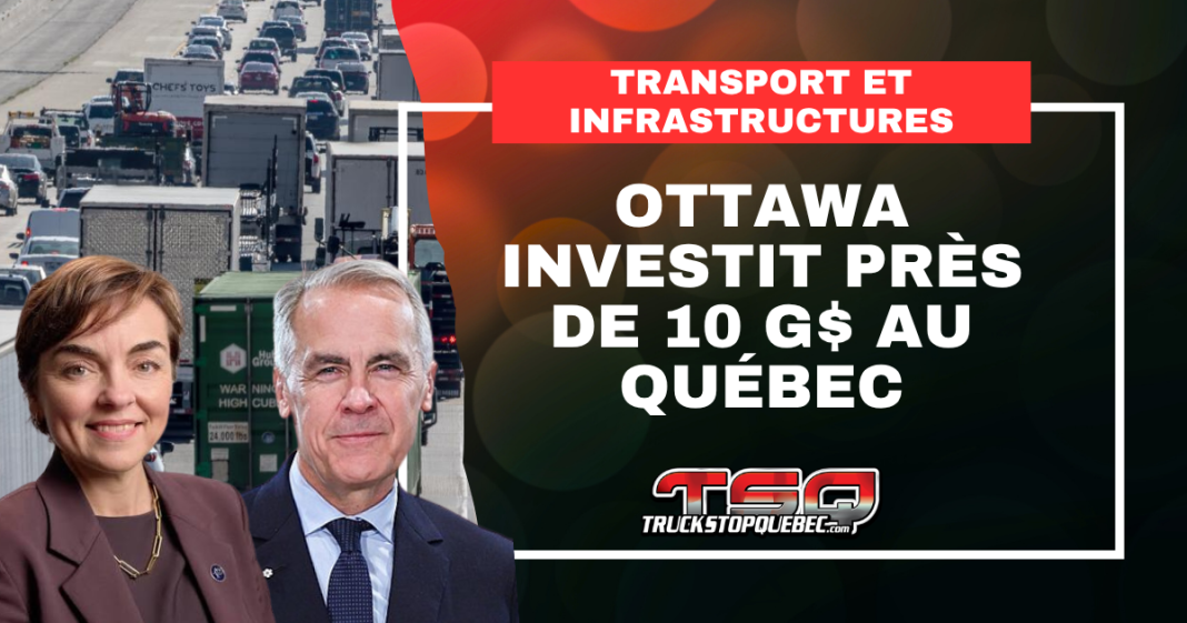 Image d'une autoroute avec de la circulation, Mark Carney et Christine Fréchette, ainsi que le texte : Ottawa investit près de 10 G$ au Québec dans le transport et les infrastructures.