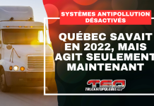 Systèmes antipollution désactivés : Québec savait en 2022, mais agit seulement maintenant Québec enquête sur des garages liés à la désactivation illégale des systèmes antipollution (image d'un camion lourd et titre de l'article : Systèmes antipollution désactivés, Québec savait déjà en 2022.)