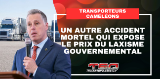 Transporteurs caméléons : le drame de Brandon expose le prix du laxisme gouvernemental Visuel de Truck Stop Québec montrant Peter Schiefke devant des camions, avec le texte « Transporteurs caméléons – Un autre accident mortel qui expose le prix du laxisme gouvernemental ». Le graphique accompagne un article sur l’accident mortel de Brandon, les transporteurs caméléons et les enjeux soulevés devant le Comité permanent des transports.