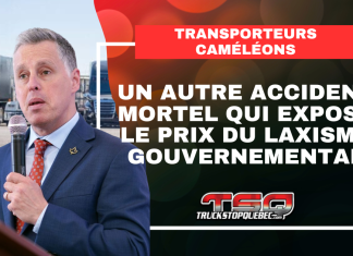 Transporteurs caméléons : le drame de Brandon expose le prix du laxisme gouvernemental Visuel de Truck Stop Québec montrant Peter Schiefke devant des camions, avec le texte « Transporteurs caméléons – Un autre accident mortel qui expose le prix du laxisme gouvernemental ». Le graphique accompagne un article sur l’accident mortel de Brandon, les transporteurs caméléons et les enjeux soulevés devant le Comité permanent des transports.