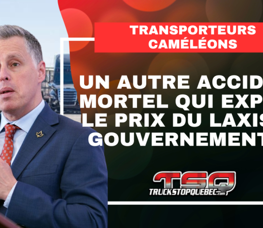 Transporteurs caméléons : le drame de Brandon expose le prix du laxisme gouvernemental Visuel de Truck Stop Québec montrant Peter Schiefke devant des camions, avec le texte « Transporteurs caméléons – Un autre accident mortel qui expose le prix du laxisme gouvernemental ». Le graphique accompagne un article sur l’accident mortel de Brandon, les transporteurs caméléons et les enjeux soulevés devant le Comité permanent des transports.