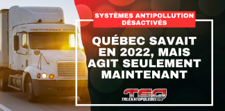 Systèmes antipollution désactivés : Québec savait en 2022, mais agit seulement maintenant Québec enquête sur des garages liés à la désactivation illégale des systèmes antipollution (image d'un camion lourd et titre de l'article : Systèmes antipollution désactivés, Québec savait déjà en 2022.)