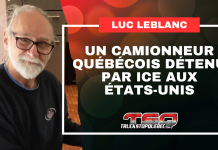Le camionneur québécois Luc LeBlanc détenu par ICE après avoir purgé sa peine aux États-Unis Luc LeBlanc à gauche, avec le titre « Un camionneur québécois détenu par ICE aux États-Unis » et le logo de Truck Stop Québec.
