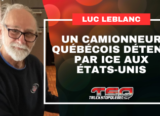 Le camionneur québécois Luc LeBlanc détenu par ICE après avoir purgé sa peine aux États-Unis Luc LeBlanc à gauche, avec le titre « Un camionneur québécois détenu par ICE aux États-Unis » et le logo de Truck Stop Québec.